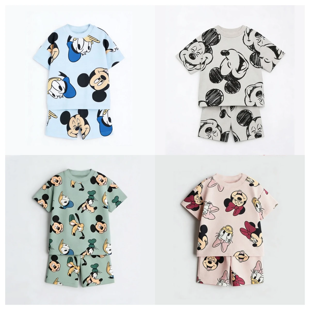 Disney Mickey Children's Sports Set Cartoon Fashion Loose Girl Baby Boy Short Sleeve Round Neck T-shirt+shorts Two Piece Set
