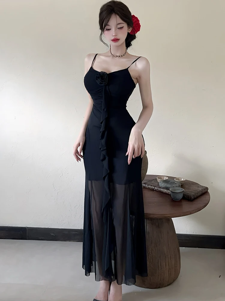 Frauen Grün Print Mesh Chic Rüschen Langes Kleid Sommer Elegante Schlinge Sexy Kleid 2025, Koreanische Mode, Figurbetontes Casual Urlaub Kleid