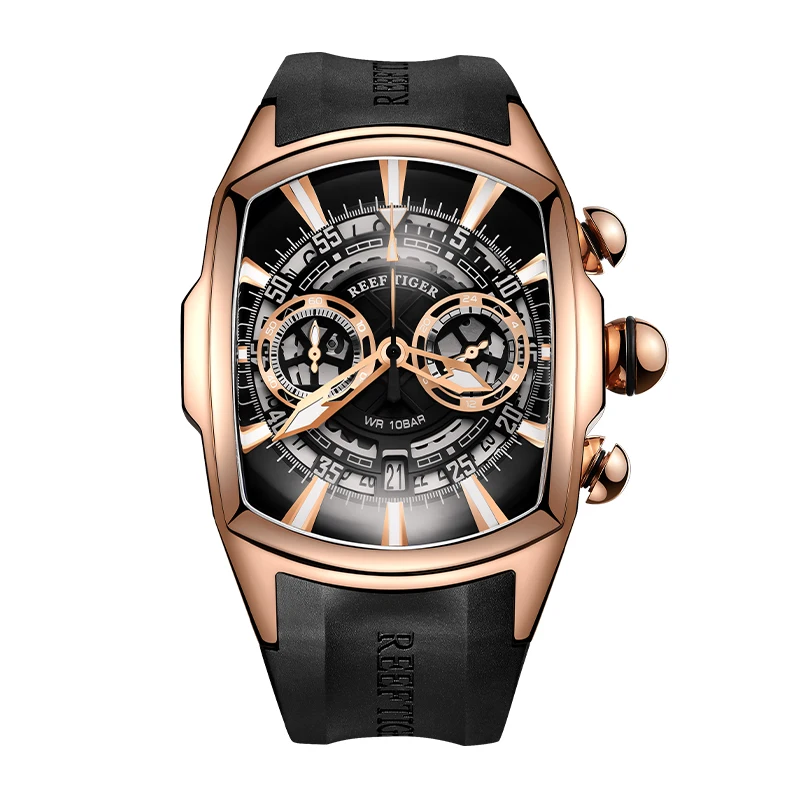 Reef Tiger Men Chronograph Watch 45mm Tonneau Military Quartz Wristwatch Luminous Watches 100m Waterproof Sapphire Skeleton Dial