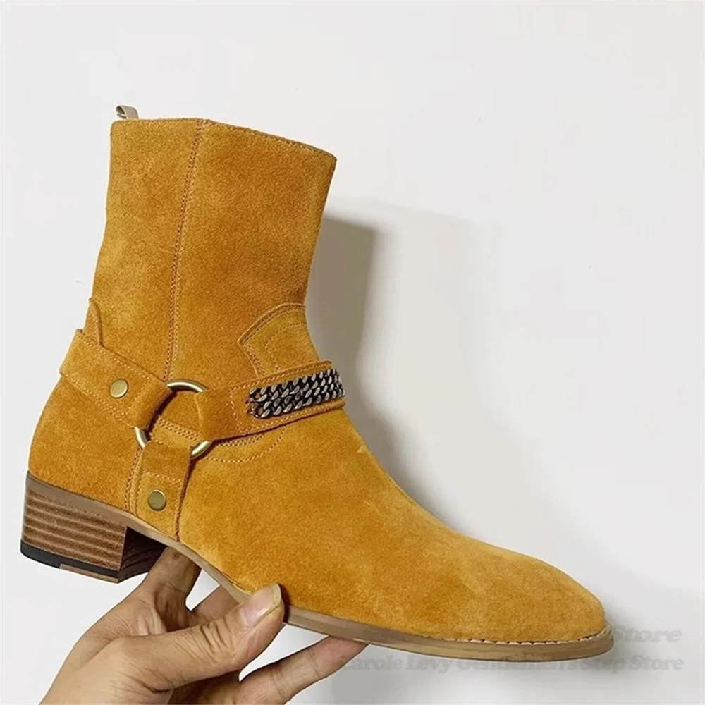Chelsea Boots Men Winter New Frosted Cowhide British Fashion Genuine Leather Pointed Toe Low Heel Buckle Chain Ankle Boot