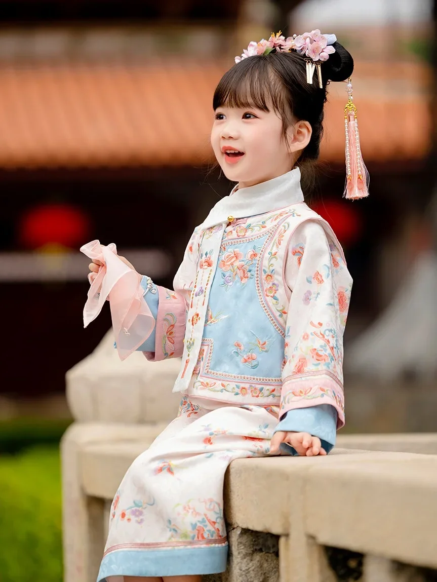 Gege Hanfu เสื้อผ้า2024กี่เพ้ายาวสไตล์จีนสำหรับเด็กผู้หญิงเสื้อผ้าฤดูใบไม้ผลิและฤดูใบไม้ร่วง