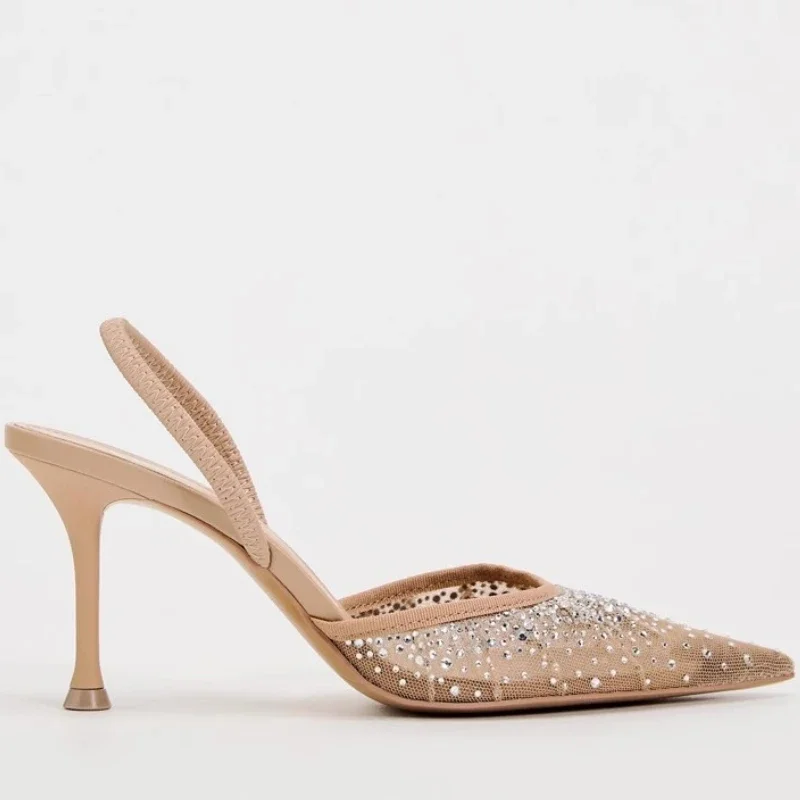 Luxury Diamond Mesh Heeled Sandals Women Brand Shiny Thine Heel Dress Shoes Pointed Toe Mules Pumps Slippers Sandalias De Mujer