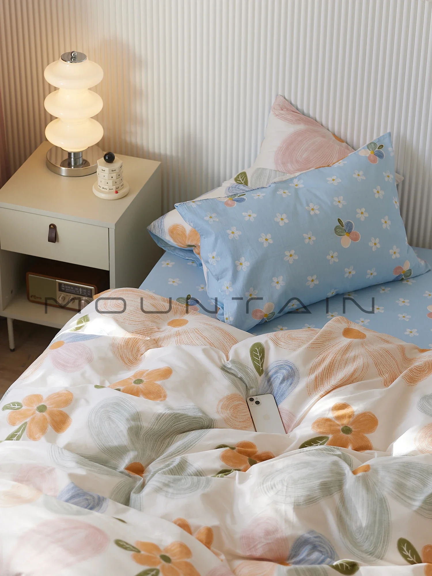 Big flower combed cotton four-piece set of pure cotton, dormitory single cotton bed sheet quilt cover bed