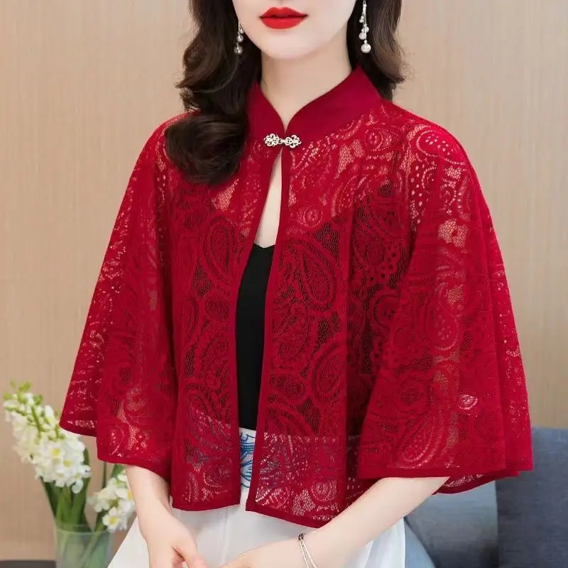 

Temperament Shawl 2023 Summer New Solid Color Thin Round Neck Lace Hollow Out All-match Ponchos Fashion Vintage Women Clothing