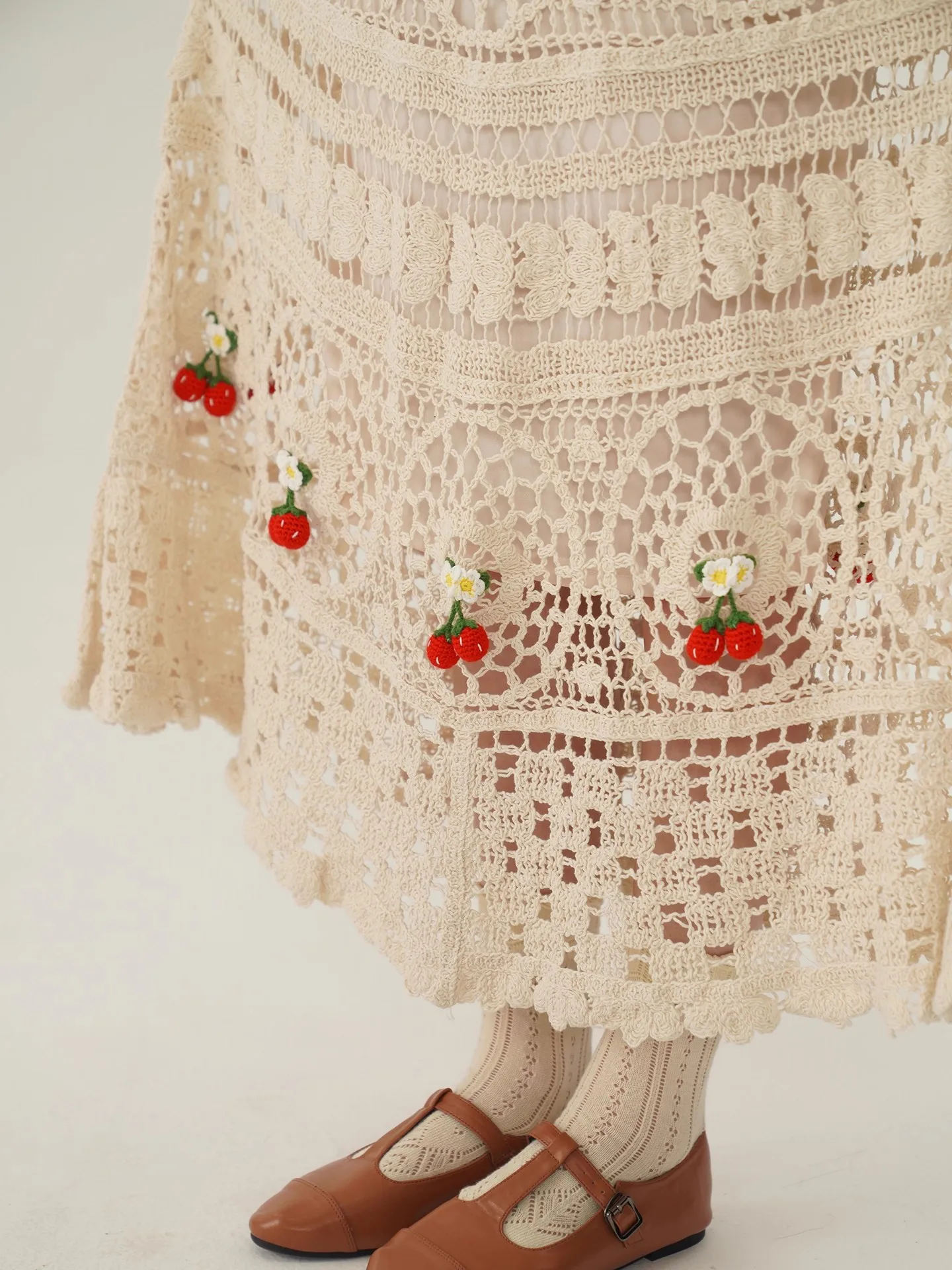 

70-102cm Bust Spring Summer Fall Long Skirts Women Elegant Hollow Out Handmade Crochet Red Fruits Mori Girls Big Swing Skirts