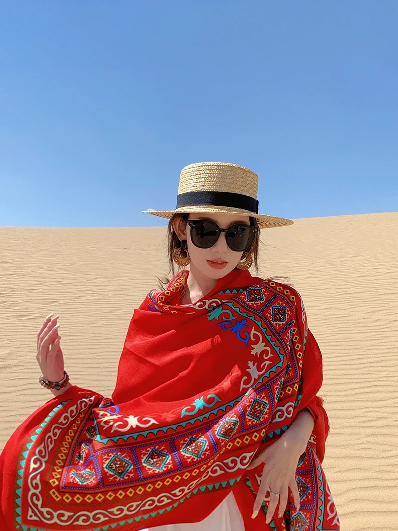 Beach Sarong Long Scarf Women's Summer Travel Photoaphy Ethnic Sle Sunscreen Scarf Versatile Holiday Scarf Polyester Fiber