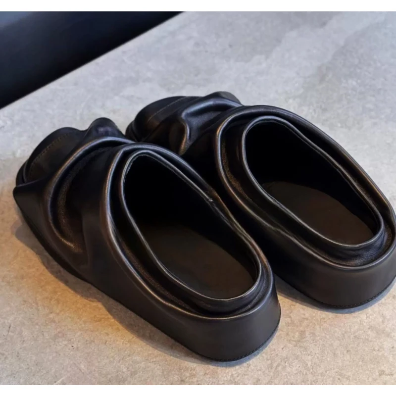 Men's Ruched Mules Slippers Square Toe Platform Slide Sandals Thick Sole Slip On Backless Loafers Casual Leather Slides for Men