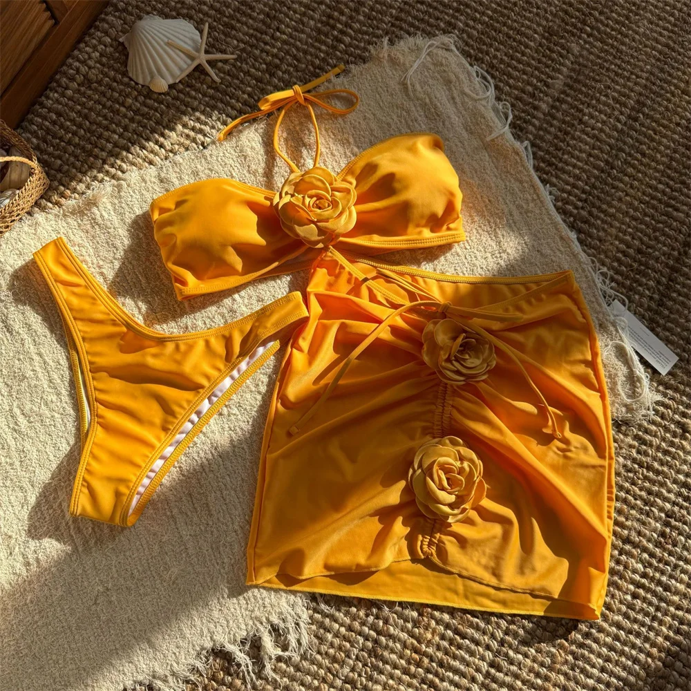 

Sexy Golden Yellow Bikini Drawstring Floral Skirt Swimsuit Beach Summer Outfits Women Micro Solid Swimwear Vacation Bathing Suit
