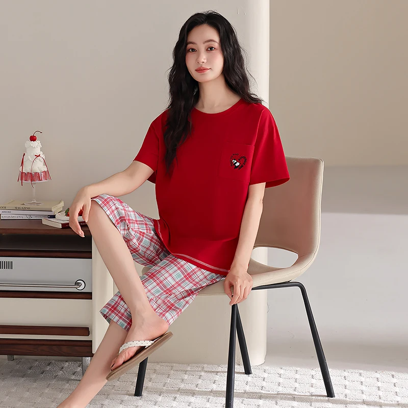 

Summer Women Pajamas Set Female 100% Cotton Sleepwear Short Sleeve Turn-down Collar Pyjamas