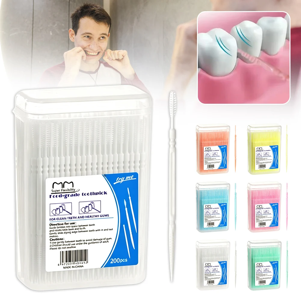 200pcs Tooth Picks Flossers with Bristles Disposable Double-End Toothpicks Brush Plaque Removal Interdental Brush Toothpicks