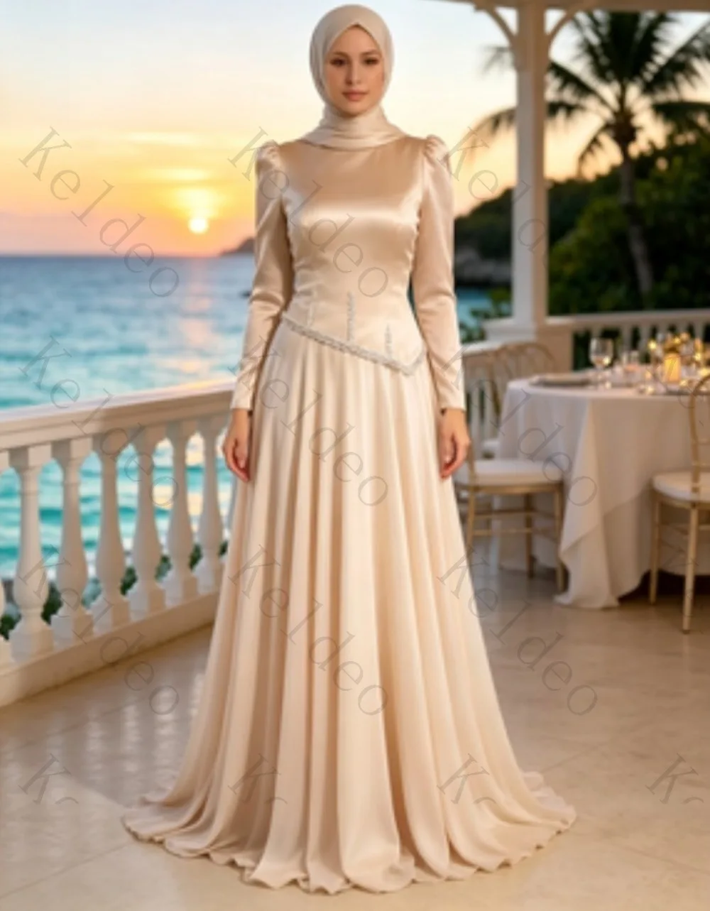 Customized Modest Long Sleeve A-line Evening Dress Matching Hijab Satin Floor Length Beaded Waist Formal Prom Gown Islamic Party
