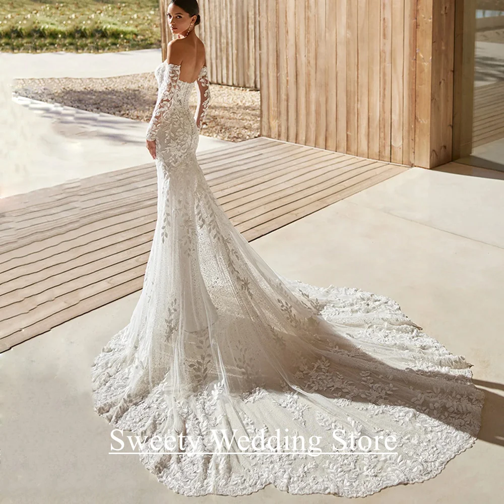 Lady Lace Mermaid Wedding Dress Customized Detachable Long Sleeves Sweetheart Applique Glitter Tulle Court Train Bridal Gown