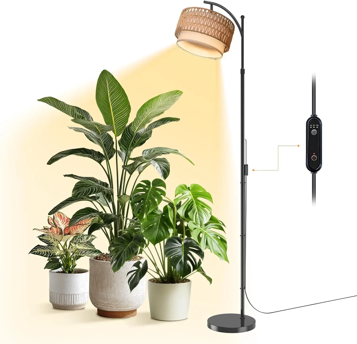 

Adjustable 65-73 Inch Grow Light for Indoor Plants, Boho Rattan Shade, 25W Full Spectrum LED with Timer