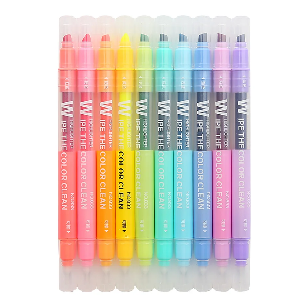 

10pcs Colorful Highlighter Pens Double Ended Chisel Tip Erasable Markers For Students Notes School Office Supplies Fluorescent