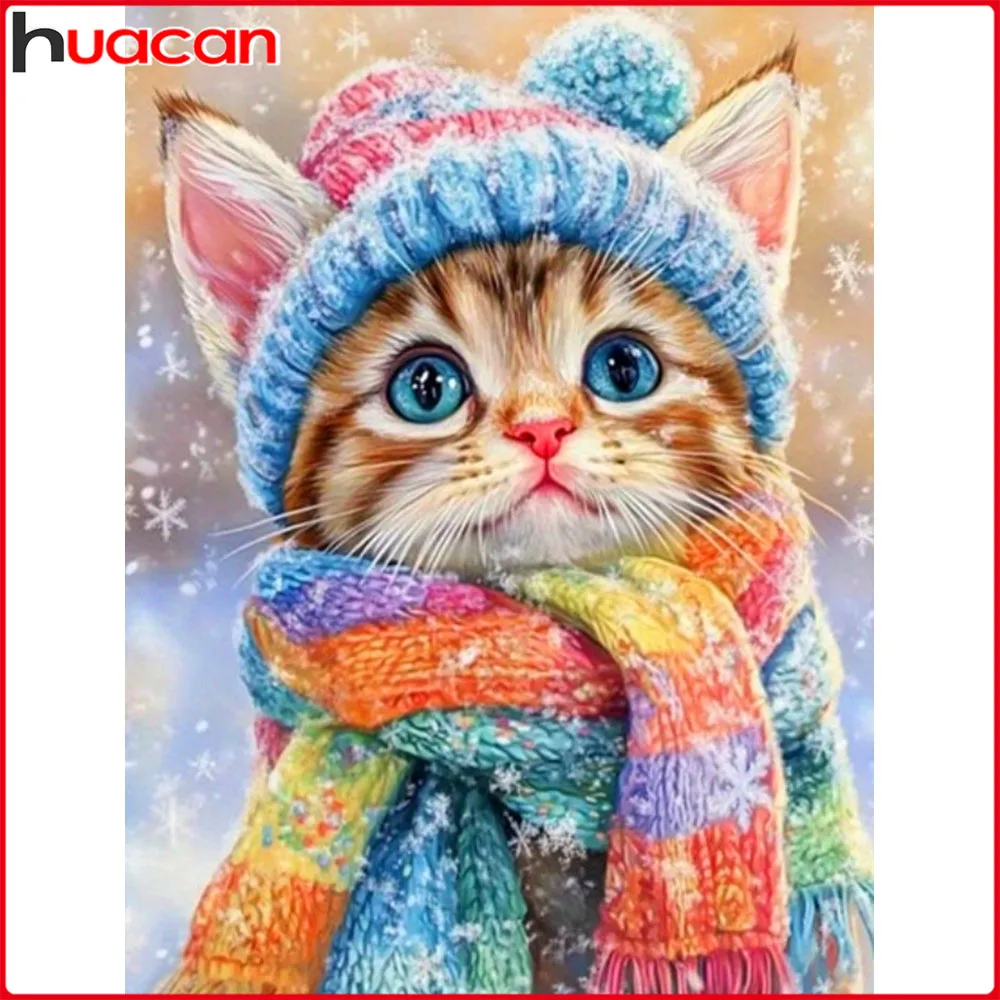 Huacan 5D-Diamantgemälde zum Selbermachen, Katze, Winter, Diamant-Mosaik, Tierlandschaft, neue Kollektion 2025, Heimdekoration