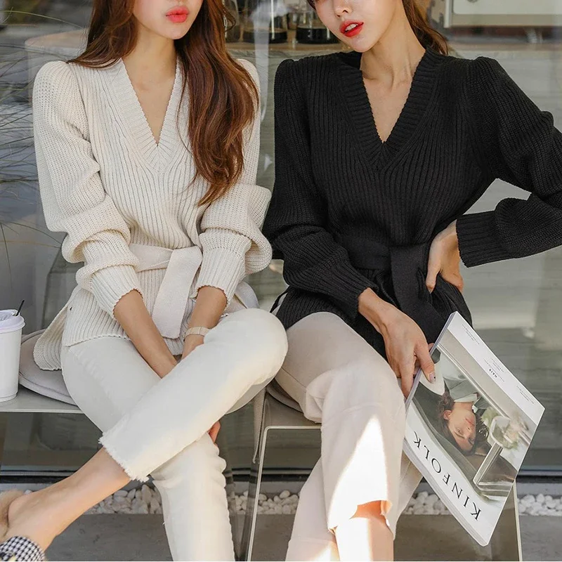 2023 Autumn and Winter New Lace Knitted Sweater Ladies Solid Color Fashion Long-sleeved Split Sweater Women Pullover Women