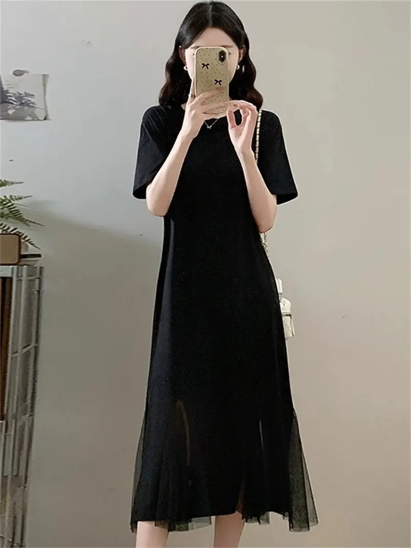 Simple 2025 New Summer Women's French Slim Dress Mesh Panel Mermaid Hem T-Shirt Dress Breathable Casual G639