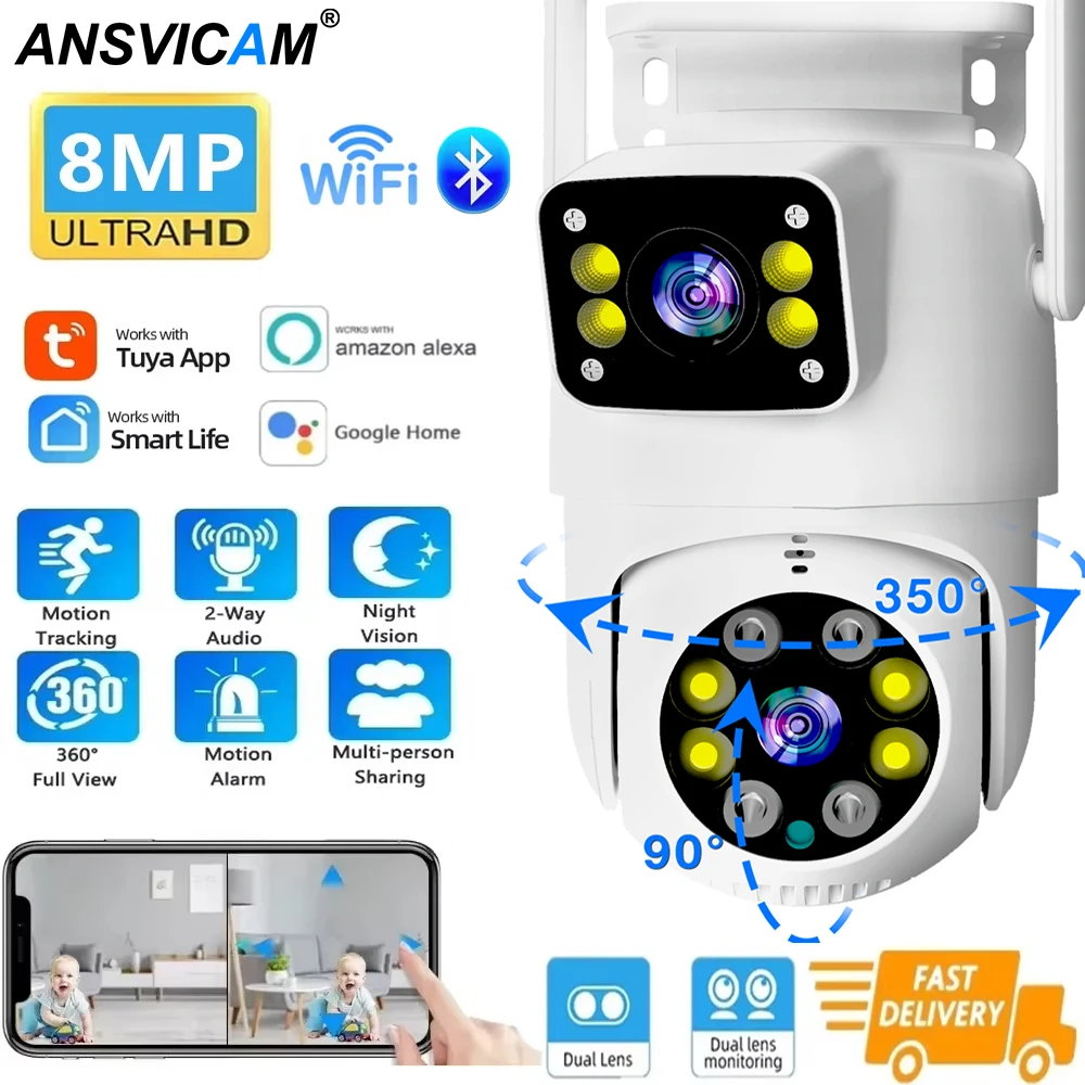 Tuya 4K 8MP Full HD PTZ WiFi Camera Dual Lens Dual Screen Outdoor Wireless Security IP Camera with Smart Life Video Surveillance