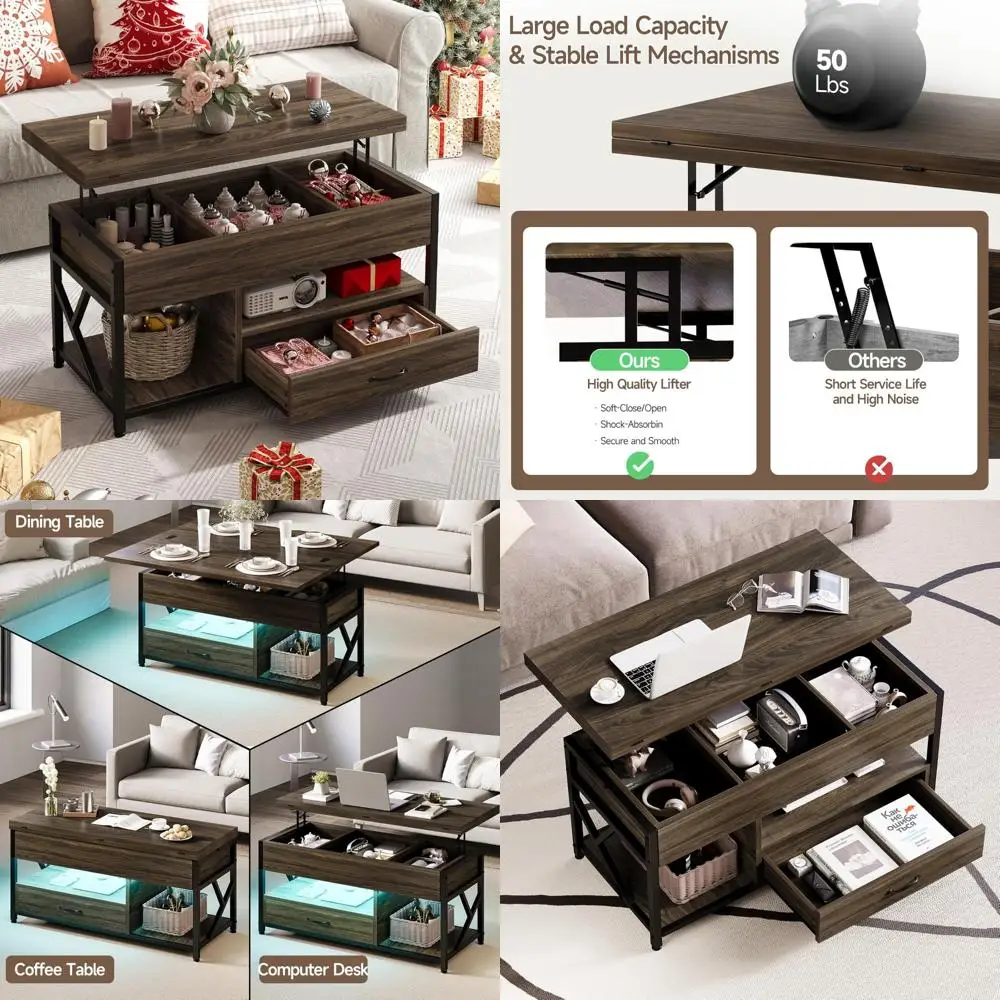 

LED Illuminated Lift Top Coffee Table with Drawers and Hidden Storage for Living Room, Modern Coffee Table with 2 Open Shelves a