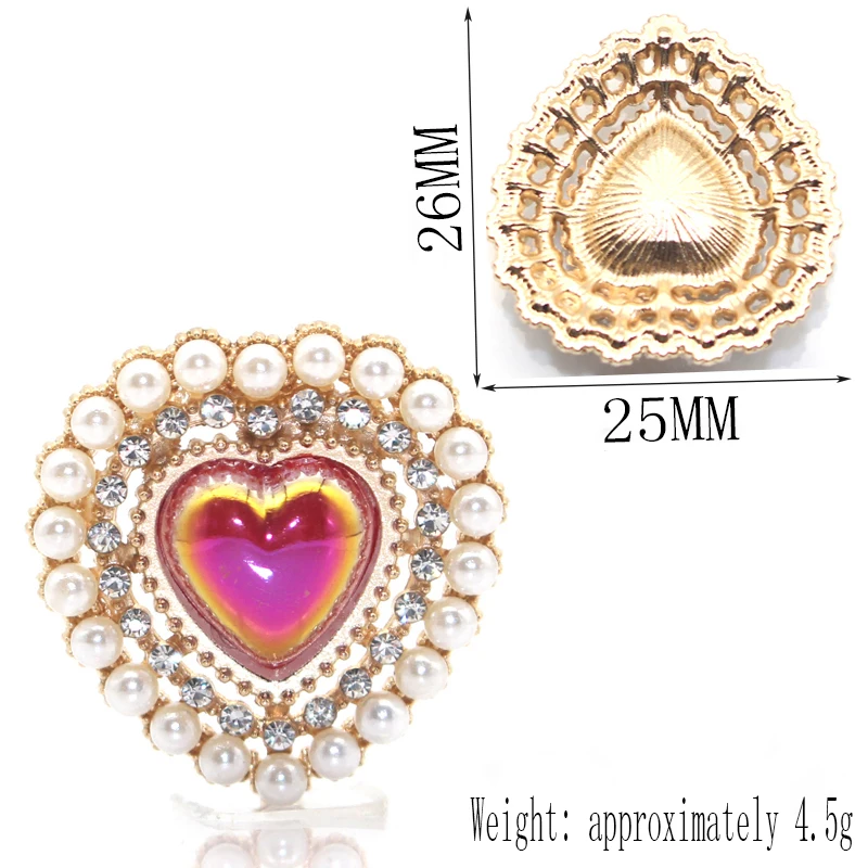 New 10PCS26MM Heart-Shaped Alloy Colored Pearl Water Diamond Flat Bottom Button DIY Jewelry, Hair Accessories, Clothing Accessor