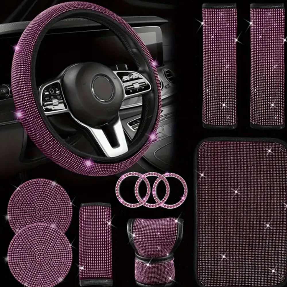 

11PCS Pink Bling Car Accessories For Women Steering Wheel Universal Pink Rhinestone Gear Shift Cover Bling Car Accessories﻿