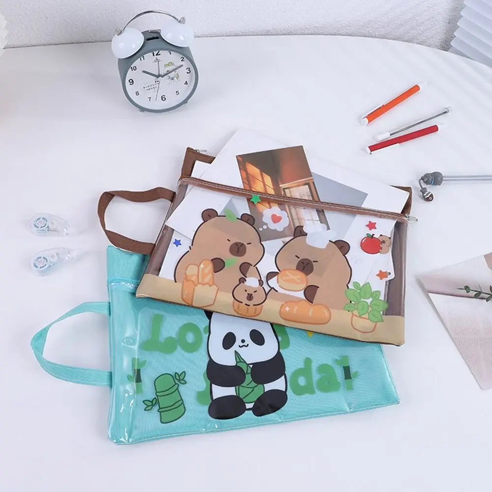 Durable Capybara File Bag Large Capacity Hand-held Zipper Bag Double Layer Panda Homework Storage Bag