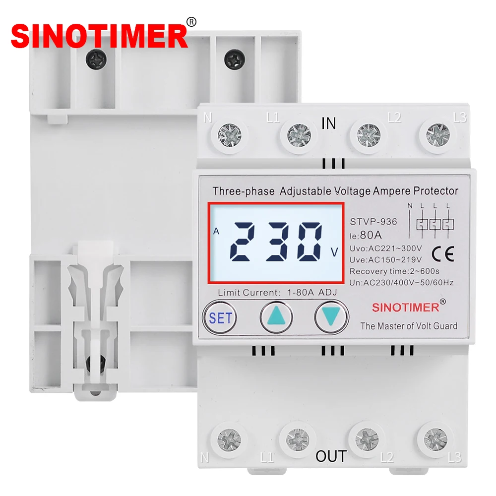 Backlights LCD Display Din Rail Three Phase AC 380V 80A  Voltage Surge Protector Relay with Limit Current Protection