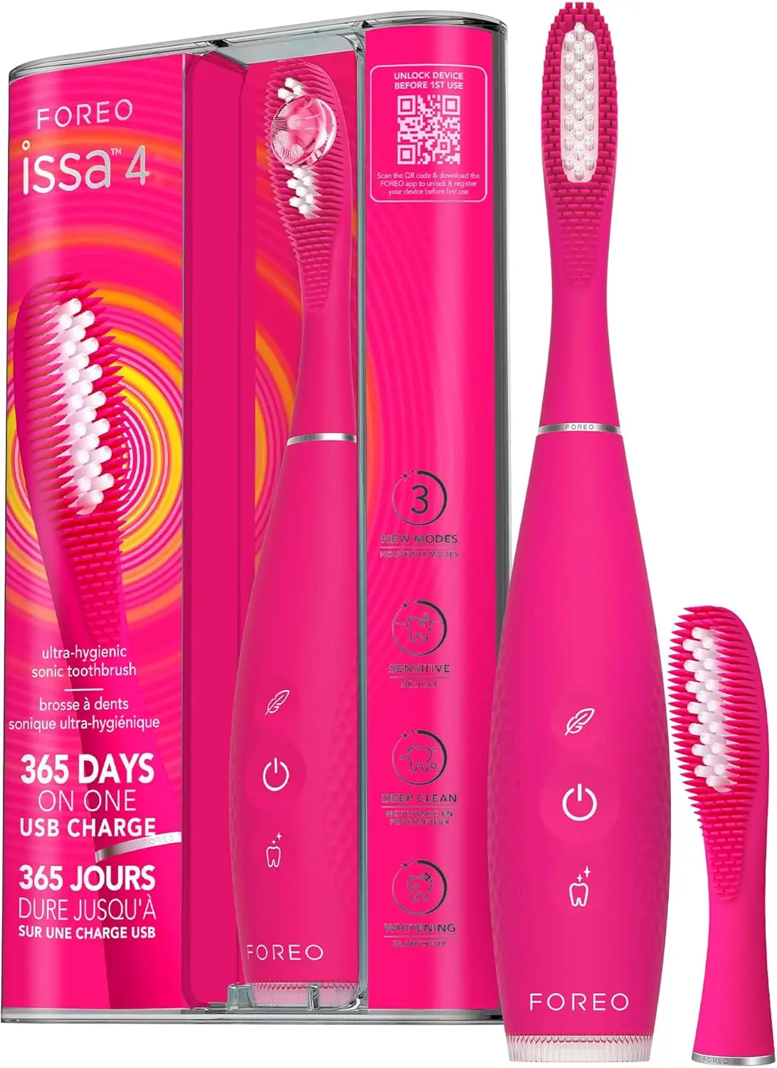 

4-in-1 Rechargeable Electric Toothbrush – Soft Bristles, 3 Modes, Long Battery Life, Fuchsia