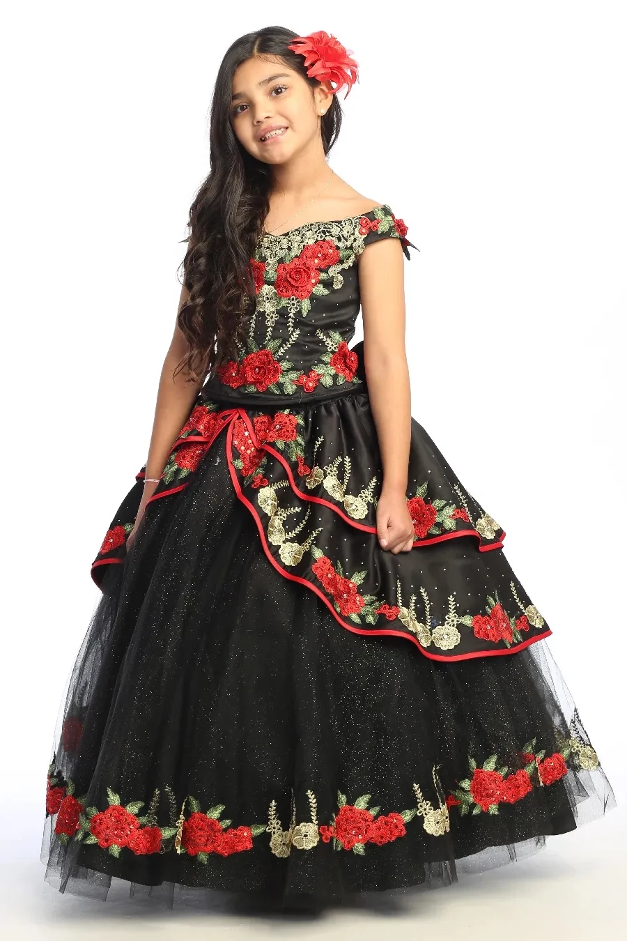 Mini vestidos de quinceañera negros, línea A, hombros descubiertos, apliques, vestidos de niña de flores para bodas, vestidos de desfile mexicano, bebé