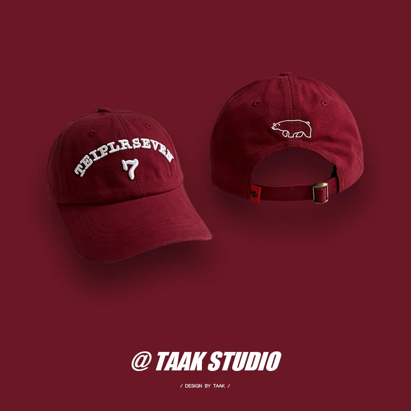 Letter Embroidered Baseball Cap Female Spring and Summer Japanese Style All-Matching Face-Looking Small Wine Red Peaked Cap