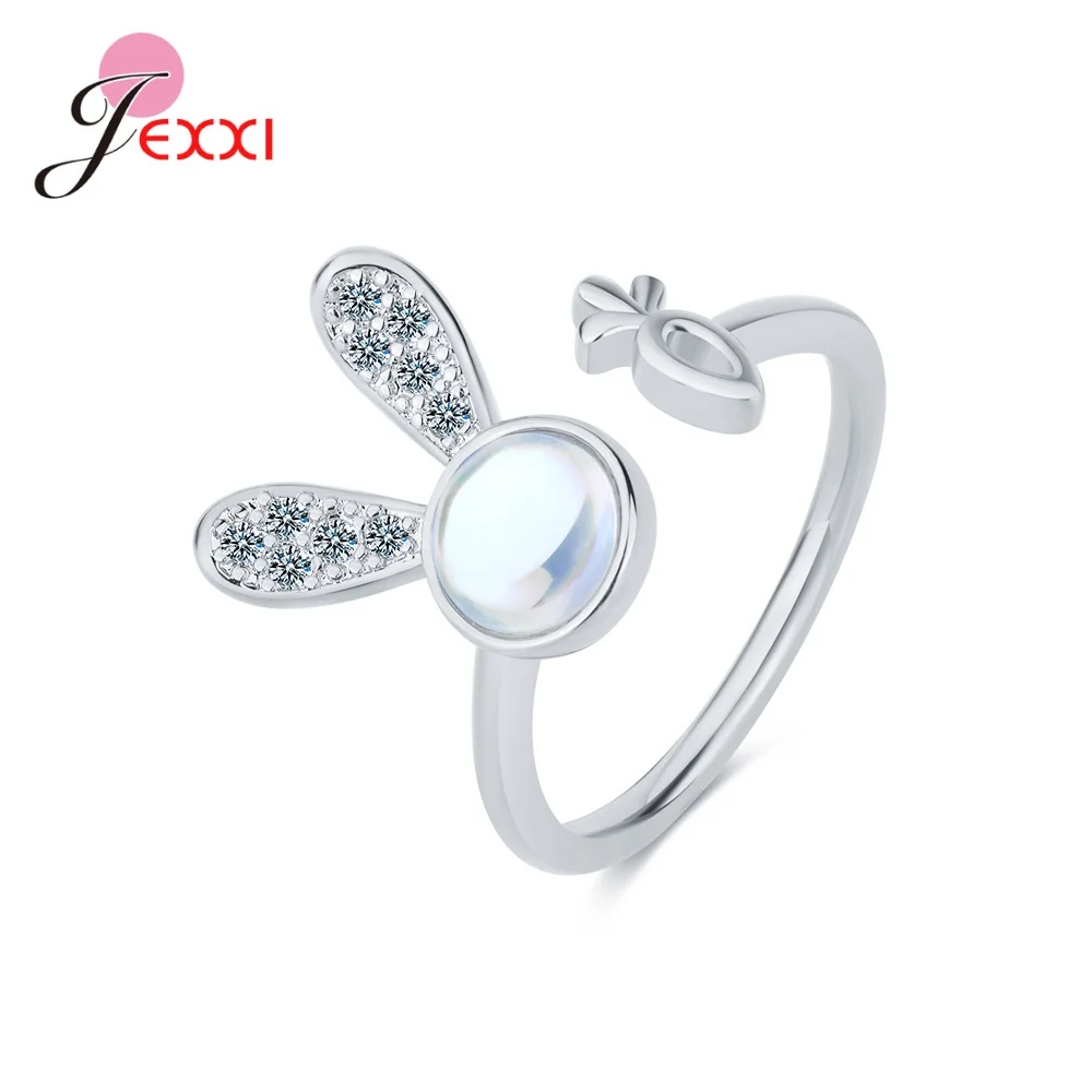 Adjustable Little Bunny Shape 925 Sterling Silver Color Moonlight Stone Finger Ring For Women 2 Colors Wedding Fine Jewelry