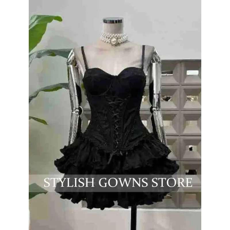 2025 New Summer Fashion Sexy Top Cake Skirt Women's Outfit Lace Bottom Birthday Party Club Dress Y2k Two Pieces Sets Black