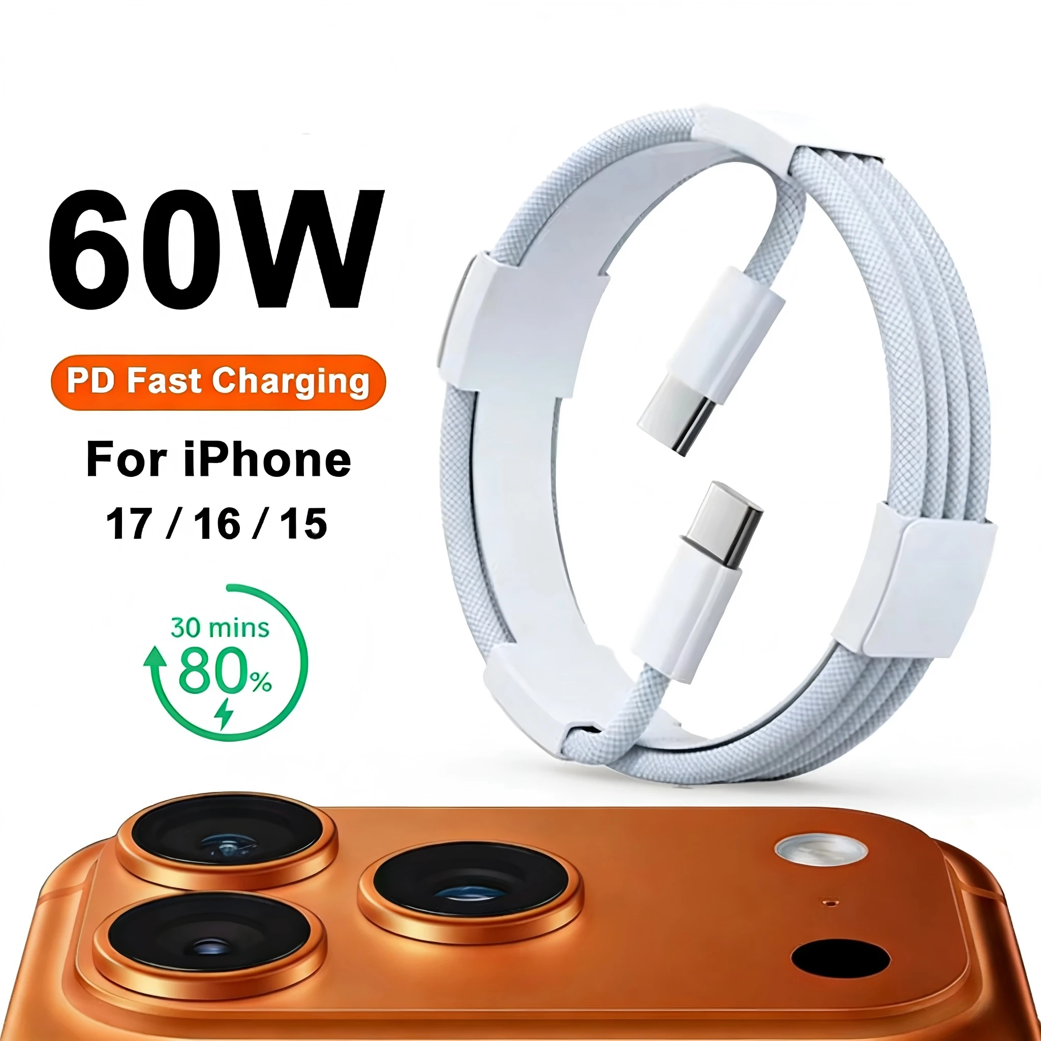 Original USB-C Kabel für iPhone 17 16 Pro 15 Max PD 60W Schnellladung für Xiaomi Samsung Typ C Geflochtenes Kabel Zubehör