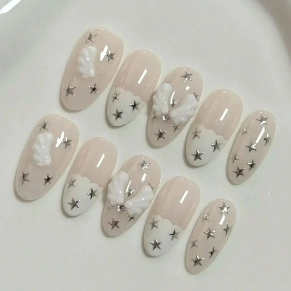 10 Uñas Almendradas Hechas a Mano, Hermosas Uñas Postizas con Notas de Alas de Ángel, para Mujer 2