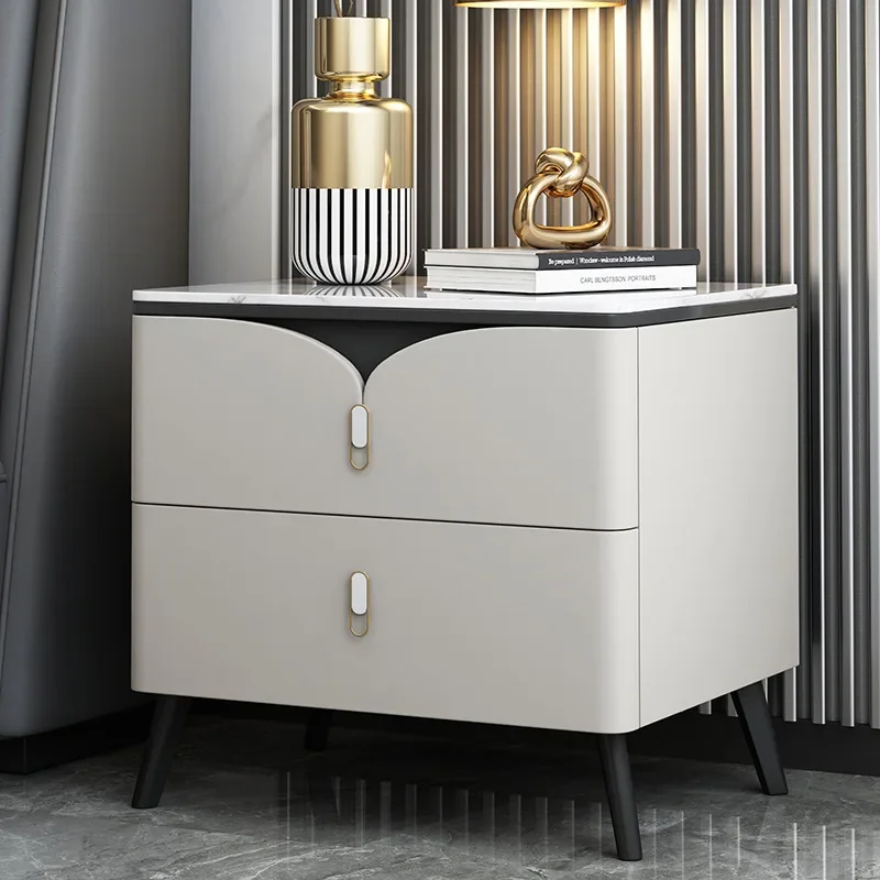 Light luxury bedside table Solid wood rock slab High-end bedroom bedside table Modern simple leather storage cabinet Free instal