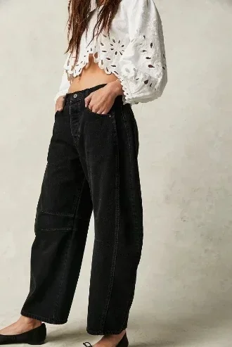 Casual Women's Jeans Gradient Color Wide Leg Jeans with Pockets Hip Hop Retro Mid Waist Ankle Tube Shaped Loose Denim Trousers
