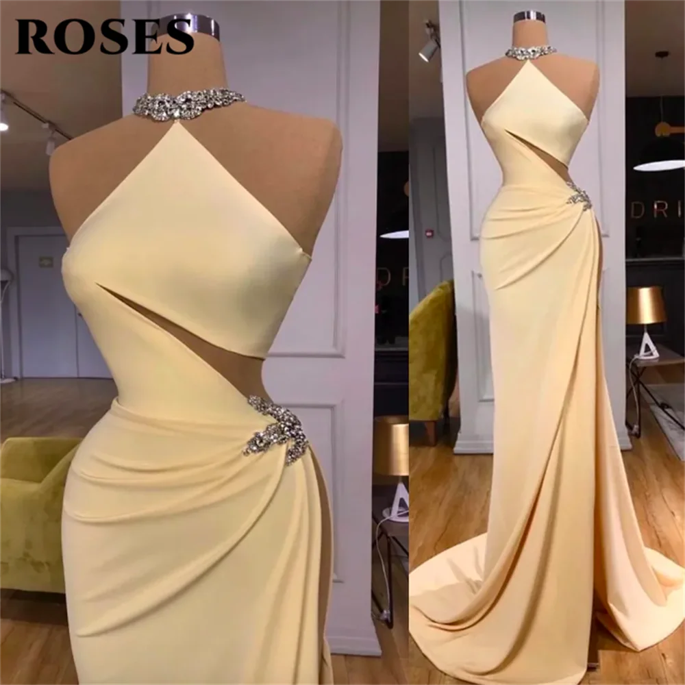 ROSES Champagne Party Dresses Vintage Halter Night Dresses Stain  Celebrity Dresses With Beading Sequin Pleat vestidos de fiesta