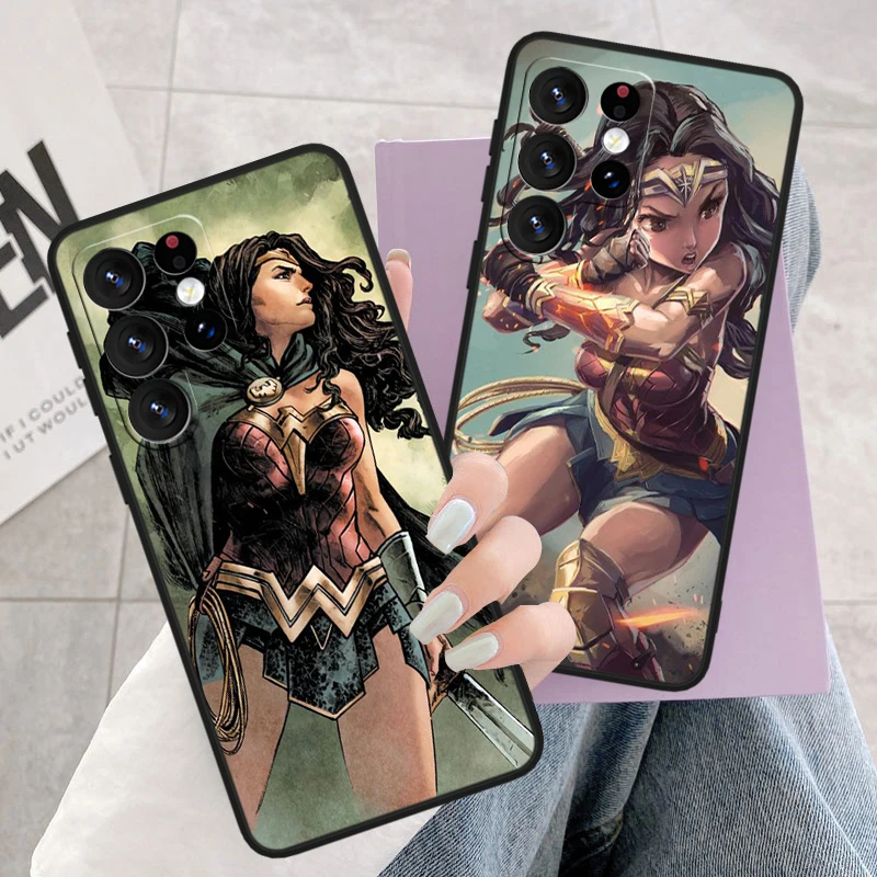 Cute Wonder Woman For Samsung S24 S23 S22 S21 S20 FE S10e S10 S9 Ultra Plus Plus Soft Silicone Black Phone Case