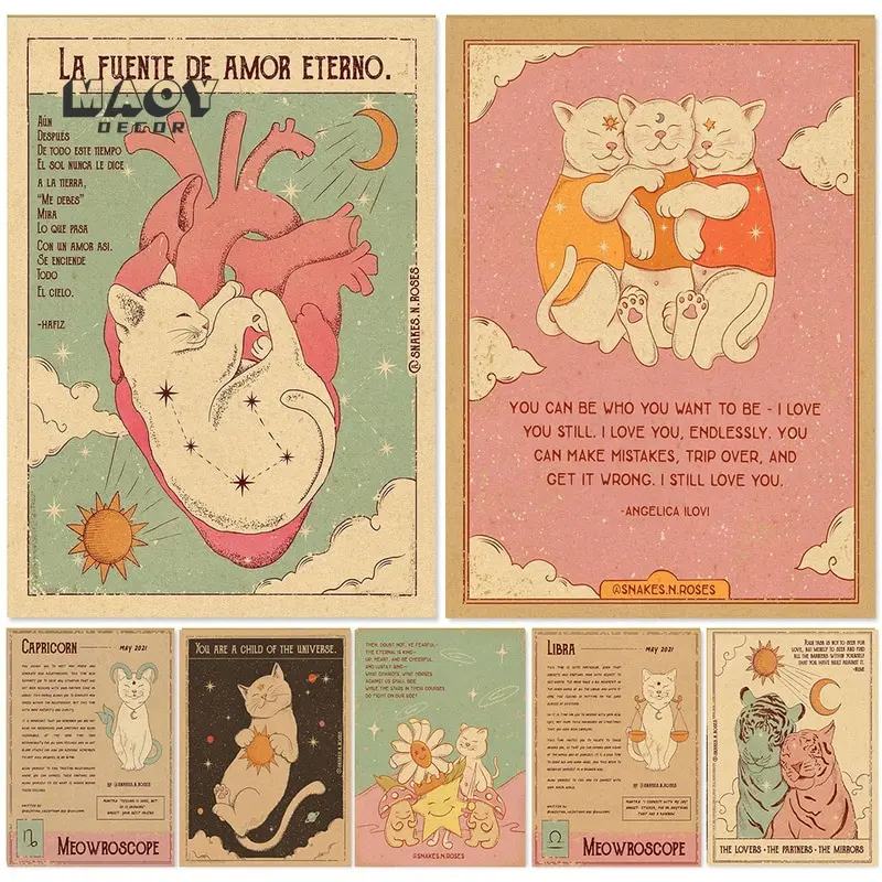 Póster de gato de constelación de Tarot Retro, brujería, sol, Luna, Piscis, Aries, impresión HD, decoración de pared para dormitorio