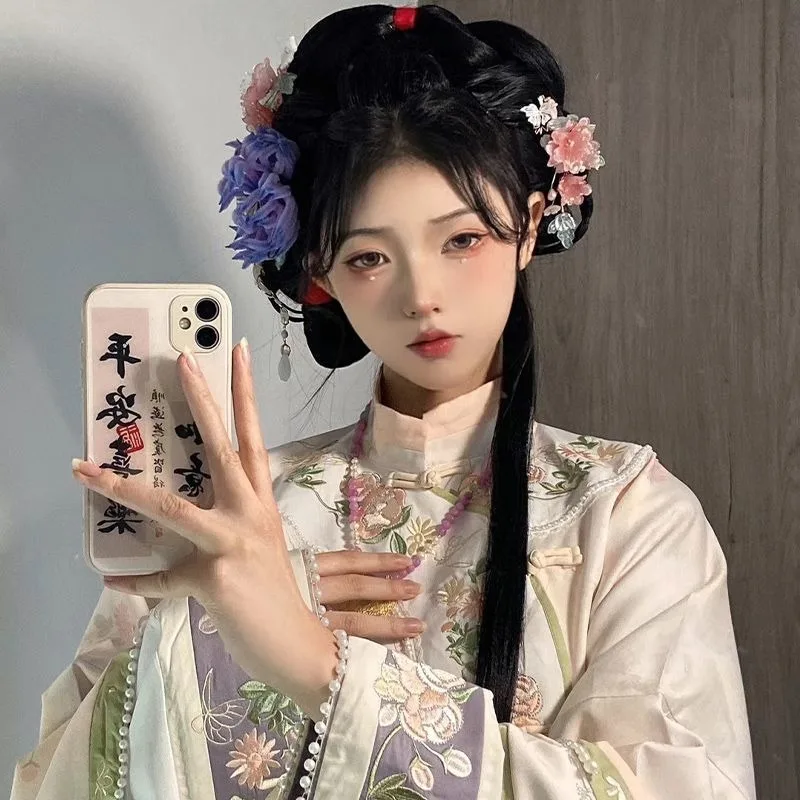 

Юбка с объемным открытием и тяжелой вышивкой, перевернутая юбка с большими рукавами и конским лицом, женская одежда Цин Хань, весна-осень, восстановление