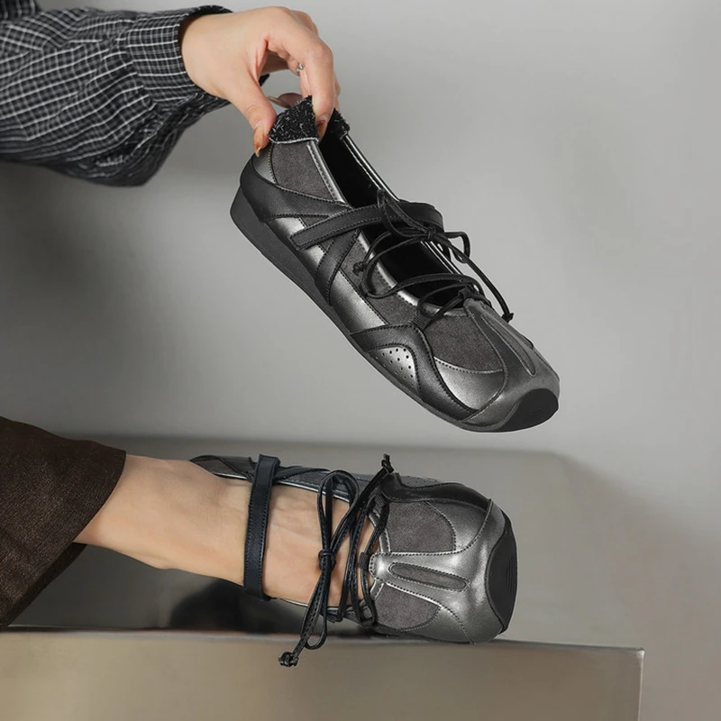 Women's new spring and autumn leather cowhide lace up square toe belt buckle low heel casual sports single shoe