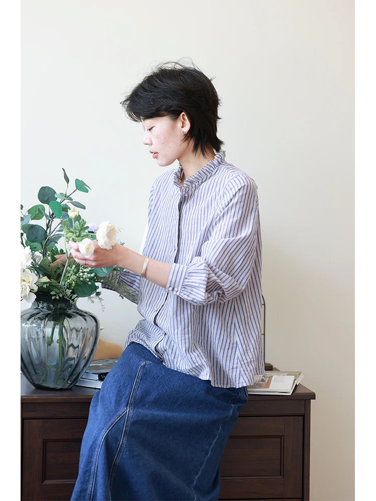 

Soft Lightweight Ruffle Collar Loose Slimming Blue White Striped Long Sve Women's irt Summer New Sun Protection Top