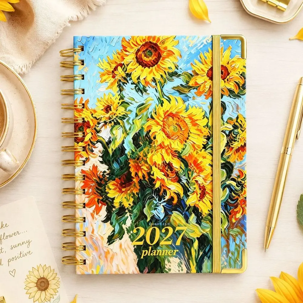 Double-Wire Binding 2027 Planner Notebook Lay Flat 180° Metal Corner Protector Coil Diary Book Colored Monthly Tabs Inner Page
