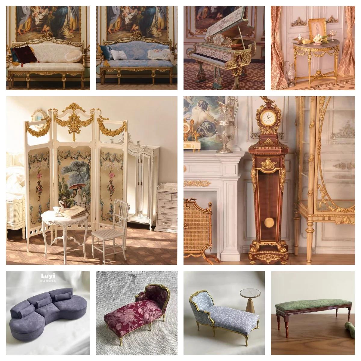 

1/6 DollHouse Decoration Miniature Furniture Retro Court Sofa Floor Clock French Table Chair Baroque Piano Decoration Diy Gift
