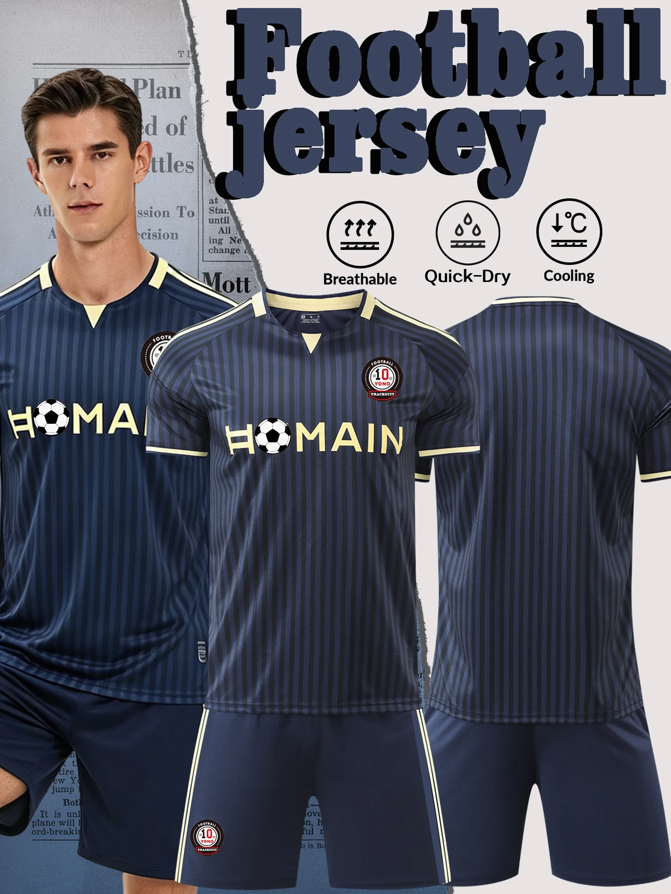 Men Navy Striped Short Sleeve Football Jersey Set Soccer Uniform Quick Dry Breathable Shirt Shorts Kit For Training Match