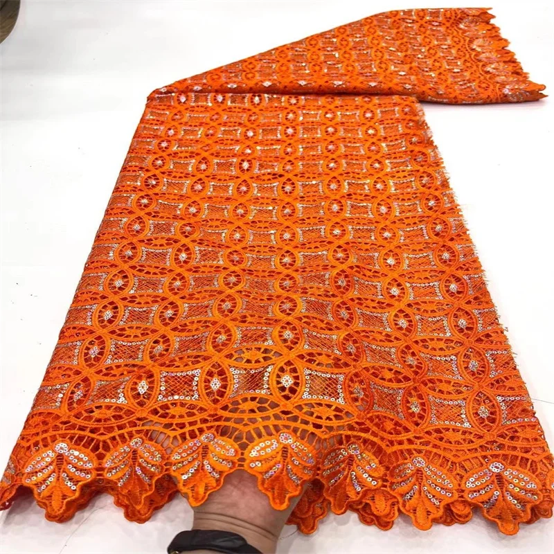 2024 Orange New African Sequins Lace Fabric 5 Yards French Net Lace Fabric Water soluble Lace Embroidery For Women Dress