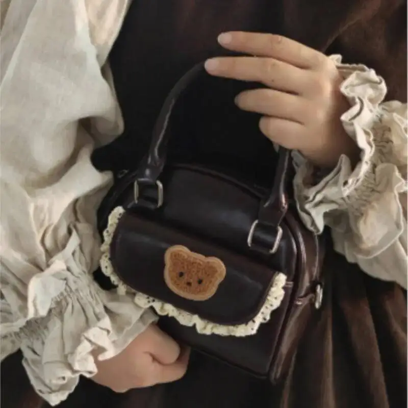 Bloom Haruku Brown Messenger Women Retro Bear Embroidery Handle Crossbody Bags Ladies Vintage Sweet Cute Hand Bag Chic