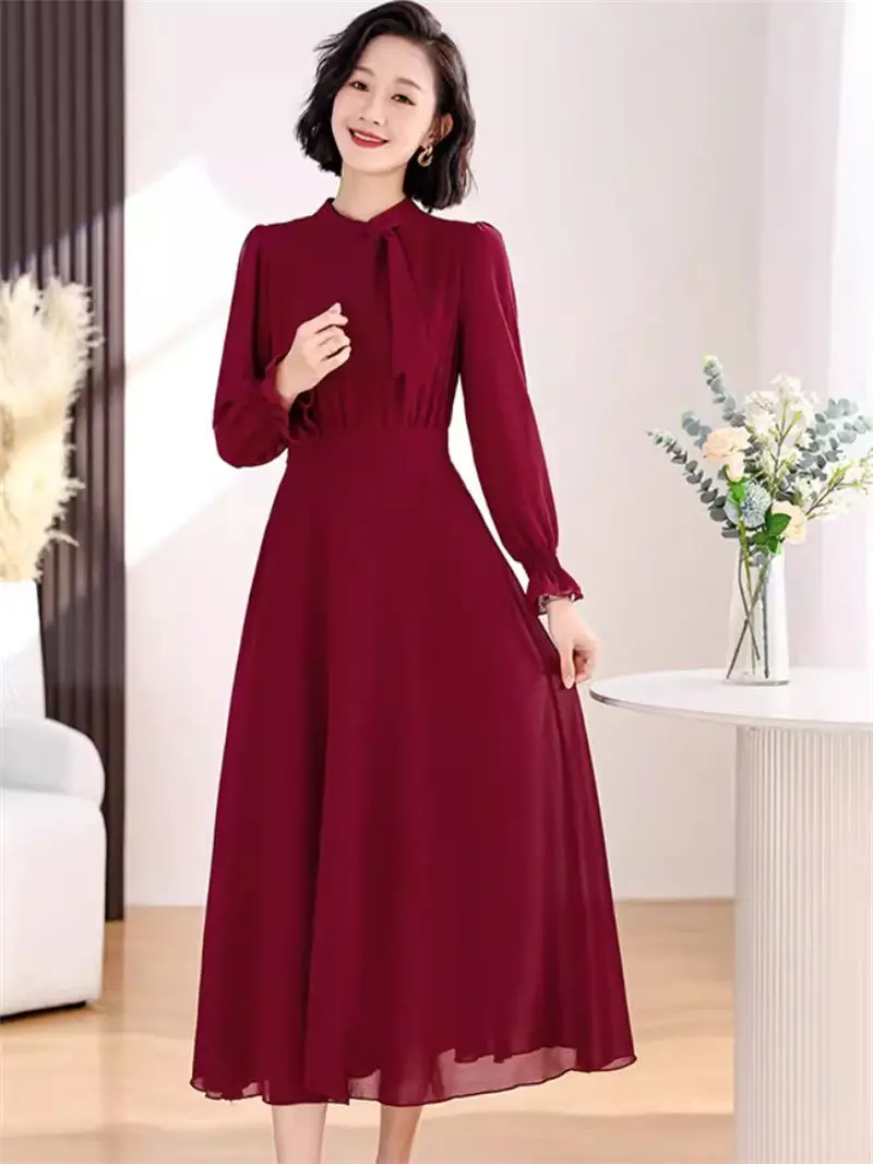 

2024 Spring Autumn New Chiffon Dress Women's Elegant And Dignified Temperament Long Sleeve Slim Mid Length Dress K003