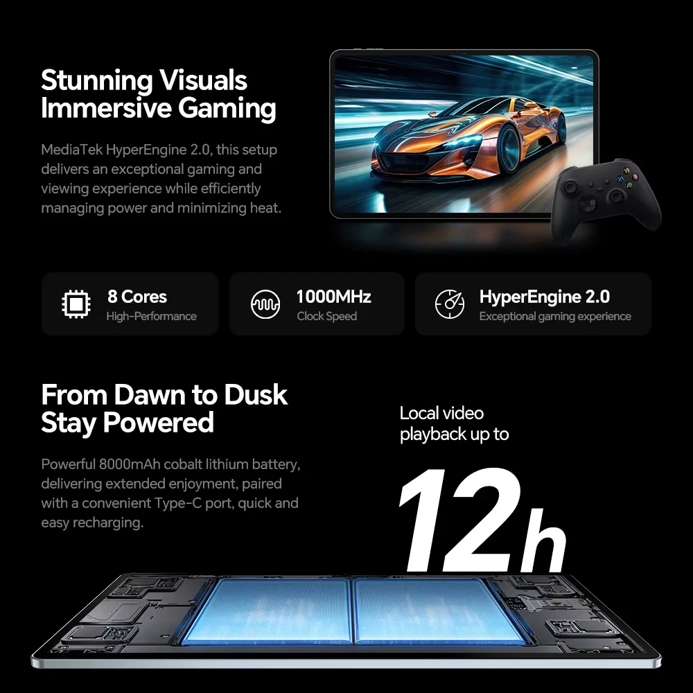 Teclast T60 Plus Tablet 12 polegadas 2000*1200/Android 14/6GB RAM/128GB ROM/MTK Hrilo G88 8 Core/8000mAh/WiFi 2.4G + 5G/13MP + 8MP Câmera