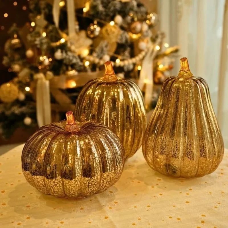 Halloween Artificial Glass Pumpkin with LED Lights, Glass Decoration Craft Decorations Festive Atmosphere Decorations